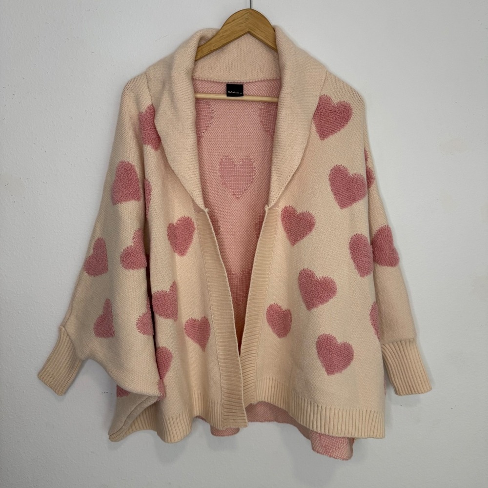 SAACHI Hearts Open Front Ribbed Trims Cozy Boxy Cardigan Sweater Chunky Knit OS